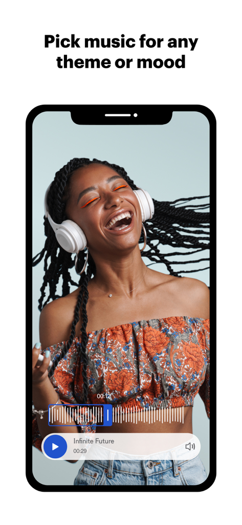 Mobile app interface of VistaCreate showing the music editing feature for social media video content