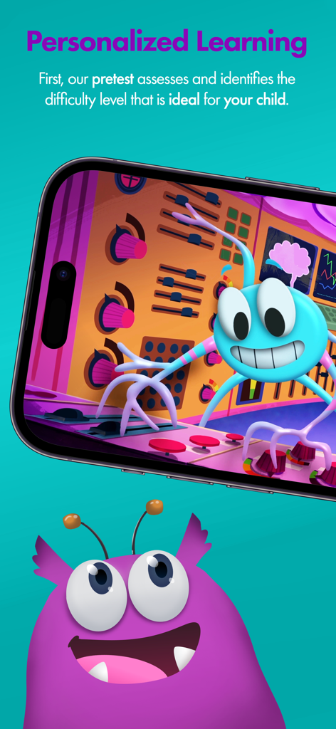 AdaptedMind Math: Learning App - AdaptedMind Math app screen showcasing personalized learning and a pretest feature with a friendly cartoon monster character.