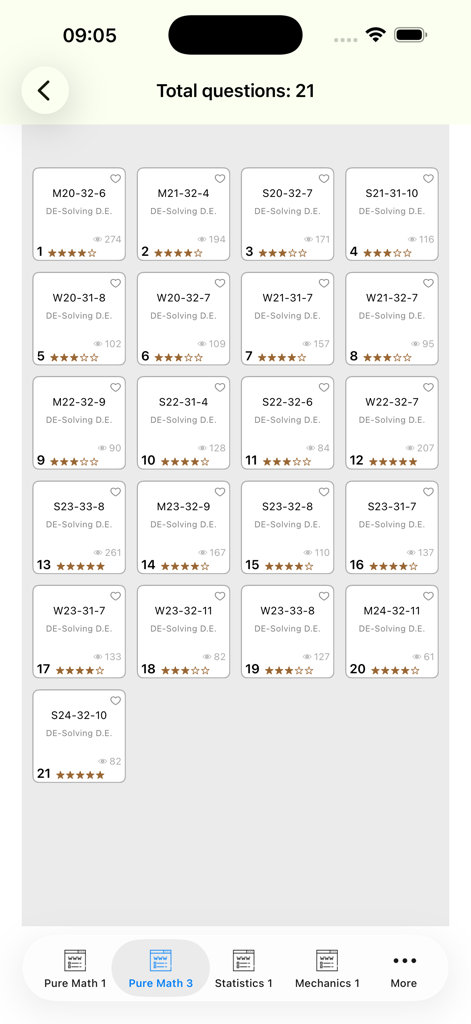 AlevelMath - Una cuadrícula de preguntas de práctica de Matemáticas Puras 3 para ecuaciones diferenciales en la interfaz de la aplicación AlevelMath.