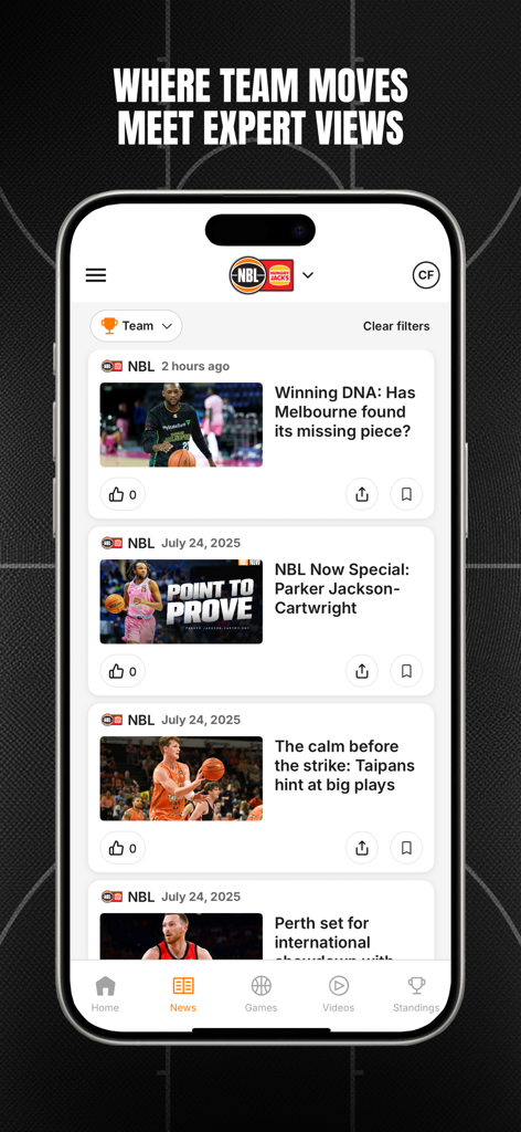Screenshot of the NBL app news section showing basketball headlines and articles