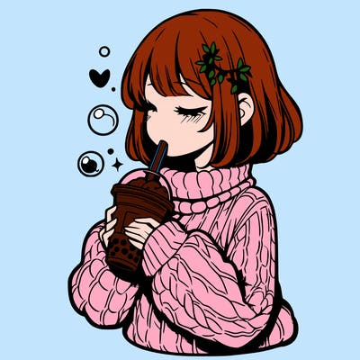 manga girl drinking boba in cozy sweater