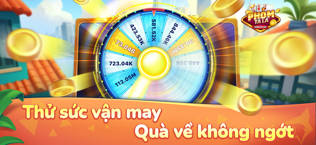 Phỏm Tá Lả ZingPlay Global - Una rueda de premios en la aplicación Phom Ta La ZingPlay que muestra varias recompensas de monedas y regalos