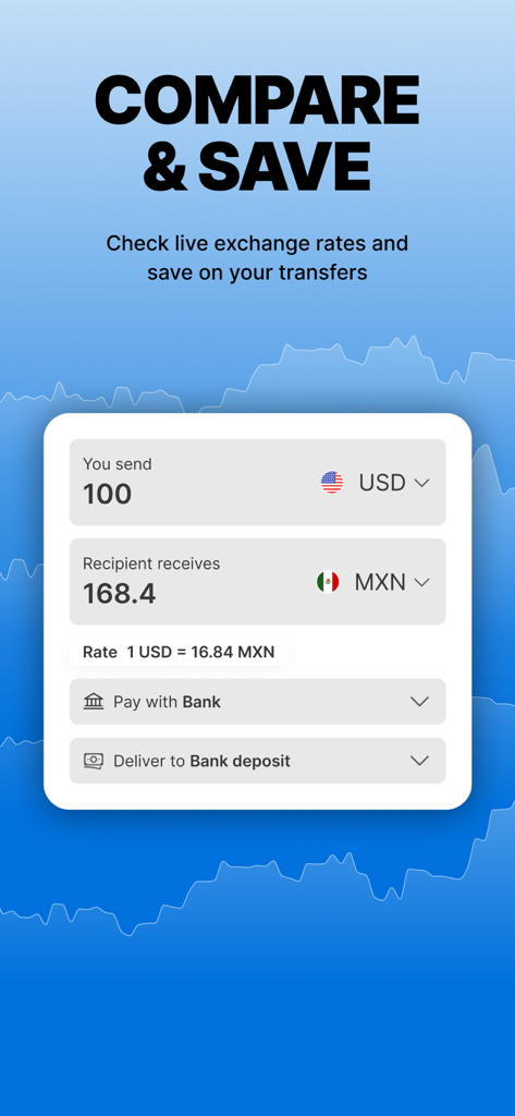Walmart2Walmart - Walmart2Walmart app interface showing live USD to MXN exchange rate calculator and transfer options.