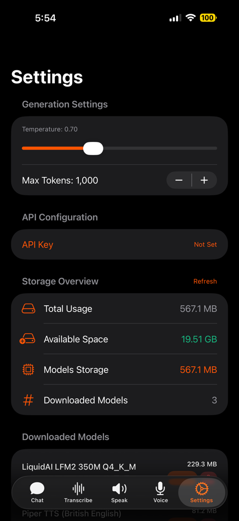 RunAnywhere app settings interface showing AI generation parameters and local storage overview for downloaded models.