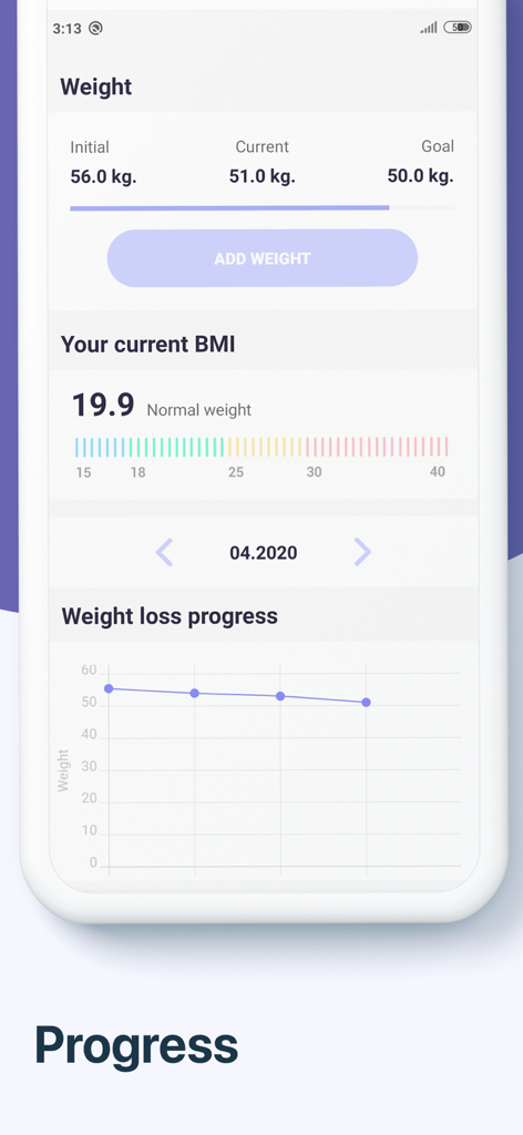 Lose Weight Workout - 30 Days - Interface of a weight loss app showing a progress chart, current BMI, and weight goal tracking.