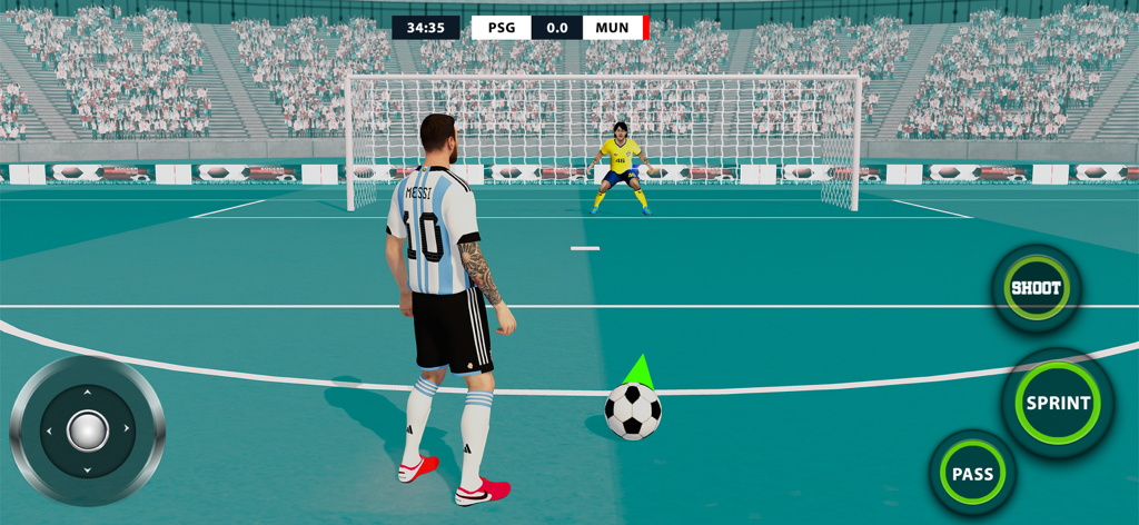 Jugabilidad 3D de Soccer Striker mostrando a un jugador enfrentando al portero en un estadio