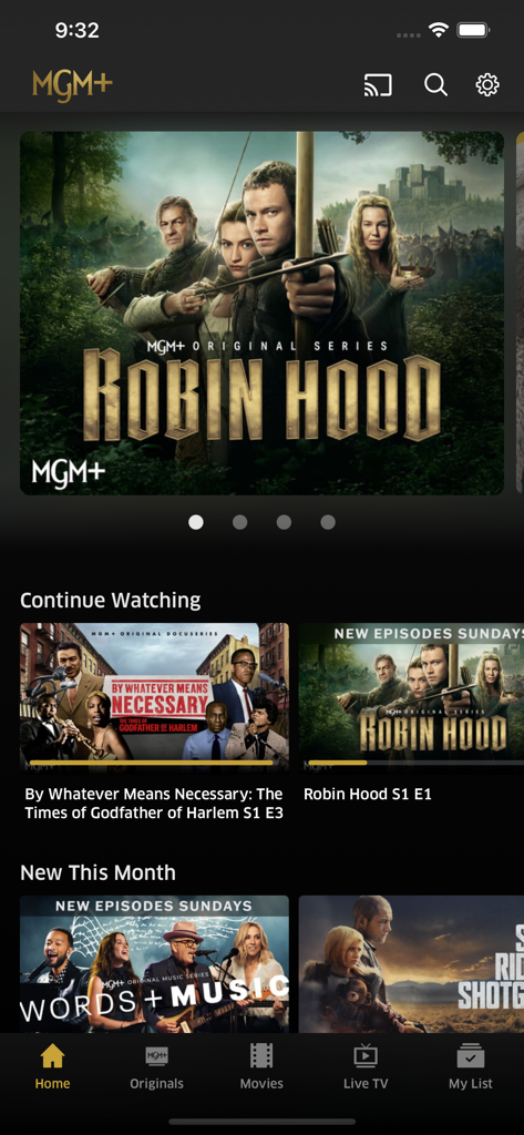 Interfaccia home dell'app mobile MGM plus che mostra serie originali come Robin Hood e Godfather of Harlem