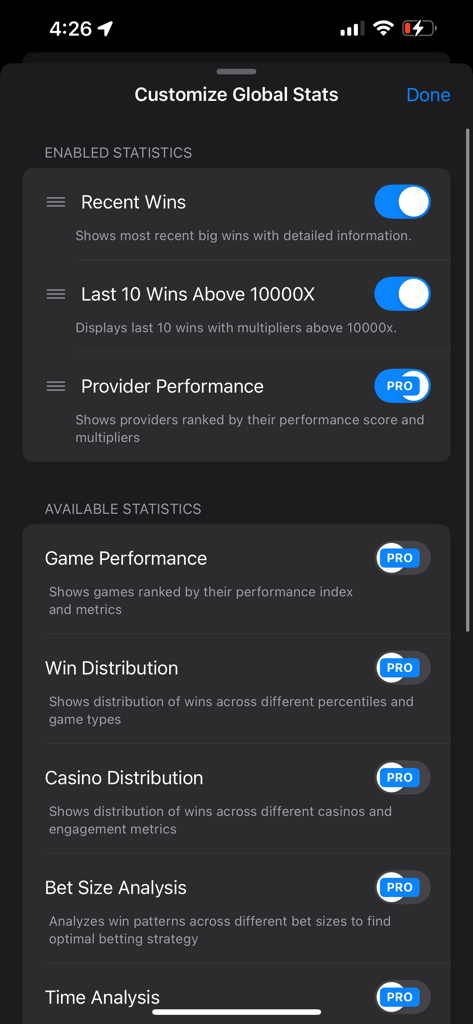 TrackNbet - TrackNbet app settings for customizing global statistics and dashboard analytics