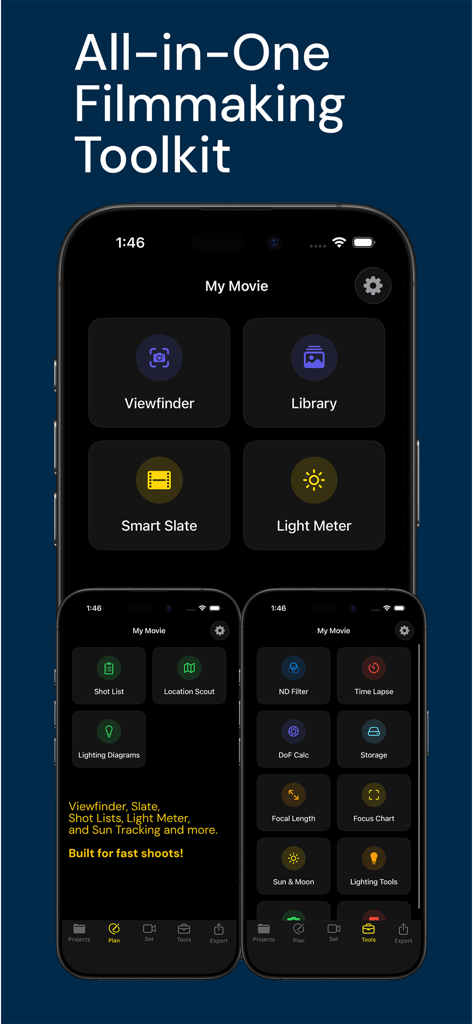 DOPro: Director’s Viewfinder - Overview of the DOPro filmmaking toolkit app features on mobile screens
