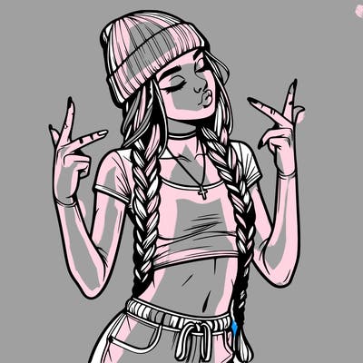 realistic teenage girl with braids and a beanie and crop top doing 🫶🏼