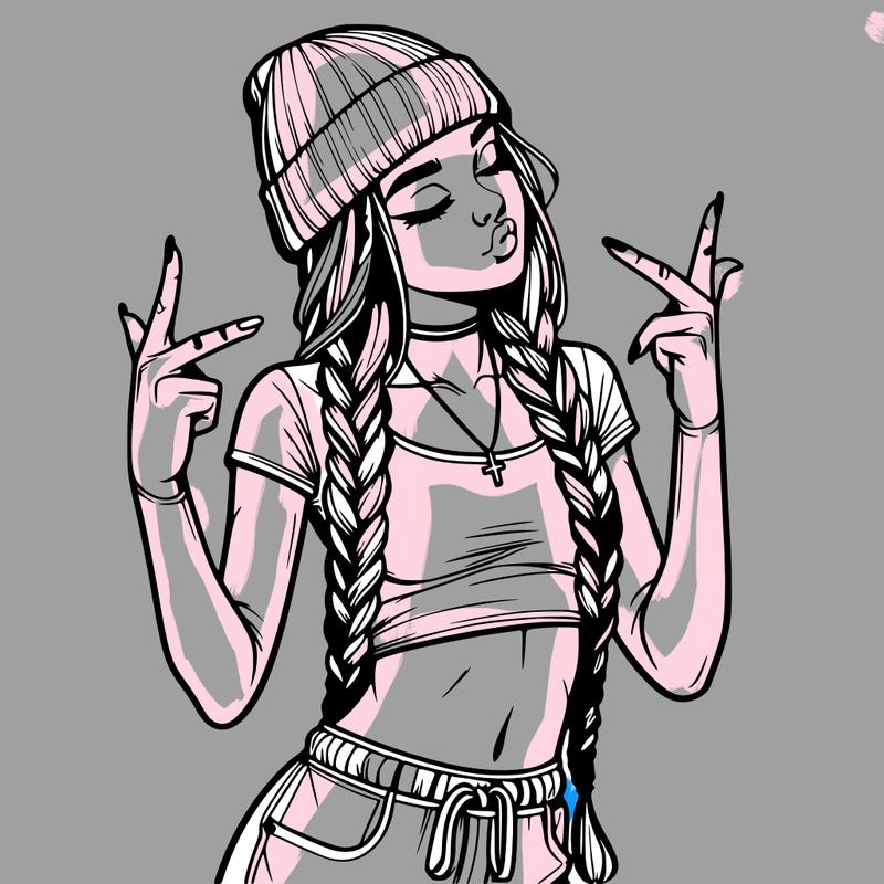 realistic teenage girl with braids and a beanie and crop top doing 🫶🏼
