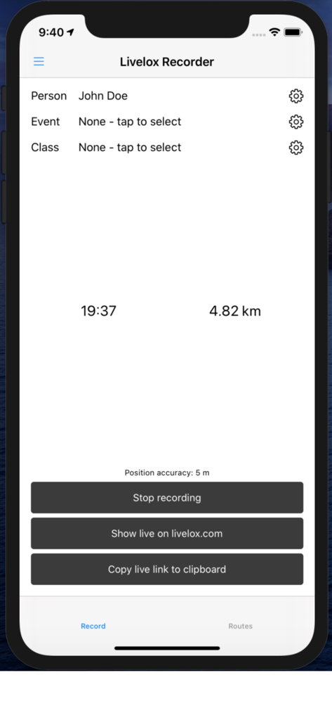 Livelox Recorder - Livelox Recorder app interface showing live activity recording with time and distance stats.