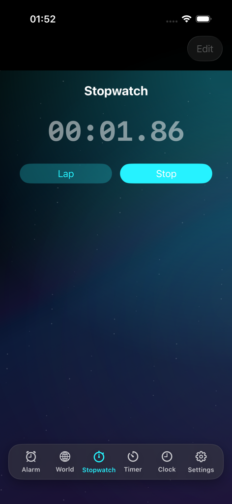 Alarm Clock – Loud Wake Up* - Digital stopwatch interface with lap and stop buttons in the Loud Wake Up app