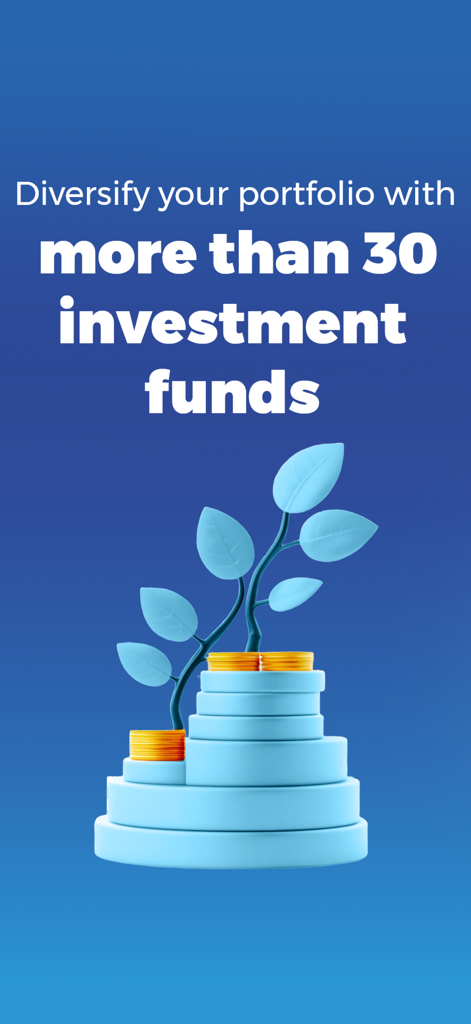 Mubasher: Trade & Invest - Promotional screen for Mubasher Trade and Invest showcasing access to over 30 investment funds for portfolio diversification