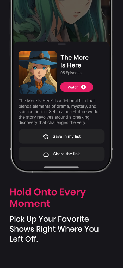 A smartphone screen displaying the Zumi app with an anime movie profile and watch button