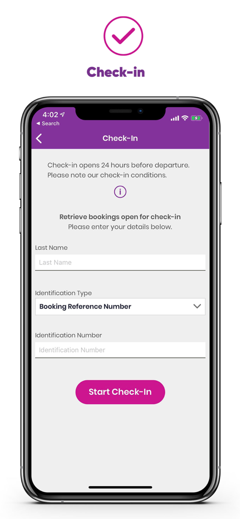 예약 참조 및 성 필드가 있는 캐리비안 항공 모바일 앱 체크인 화면