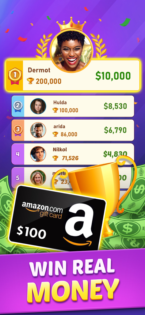 Block Cash - Win Real Money - Leaderboard showing top players and cash prizes in the Block Cash mobile game with an Amazon gift card and a trophy