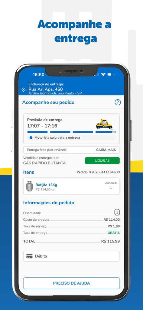 Upgas - Seu gás mais rápido - Smartphone screen showing real time delivery tracking for a gas cylinder in the Upgas app