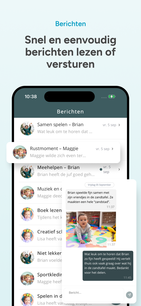 OuderApp van Konnect - Messaging interface of the OuderApp van Konnect showing a list of messages and a chat window with a photo of a child
