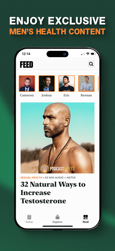 The Coach: Mens Health & Kegel - La pantalla de feed de la aplicación The Coach que muestra contenido exclusivo de salud masculina y un artículo sobre formas naturales de aumentar la testosterona.