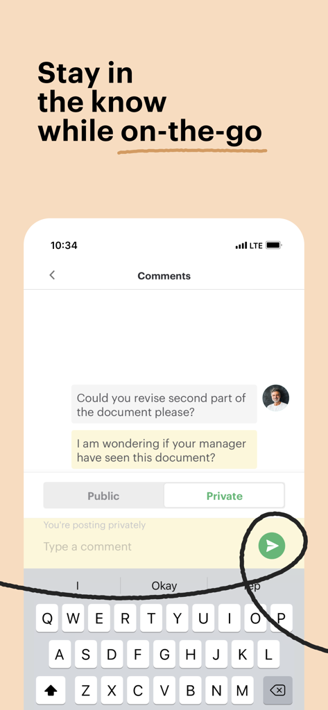 PandaDoc - Create & Send docs - PandaDoc mobile app showing a document comments section with options for public and private messaging on an iPhone screen.