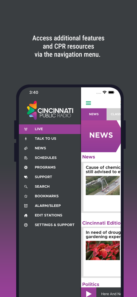 Cincinnati Public Radio - Side navigation menu showing features of the Cincinnati Public Radio app including live streaming news and schedules