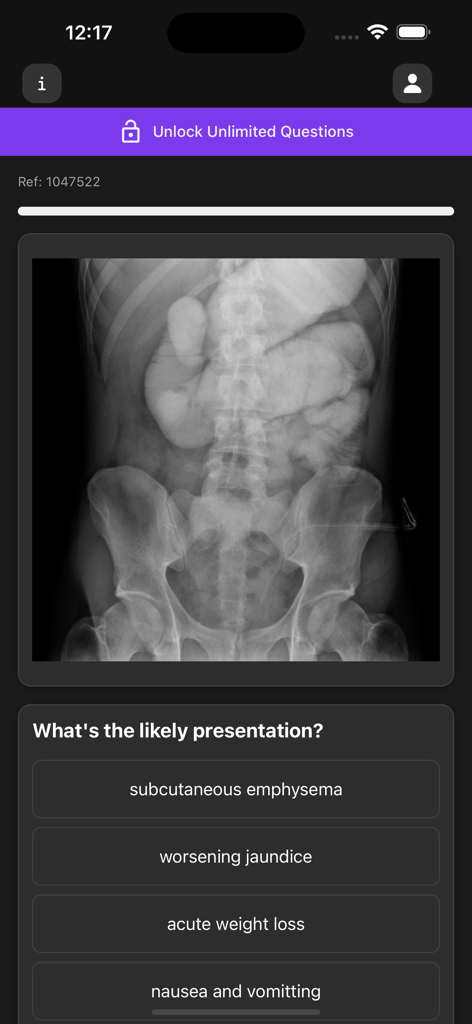 A medical student radiology quiz interface showing an abdominal X-ray and multiple choice questions