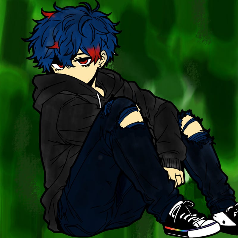 a male hoddie ripped jeans messy hair anime