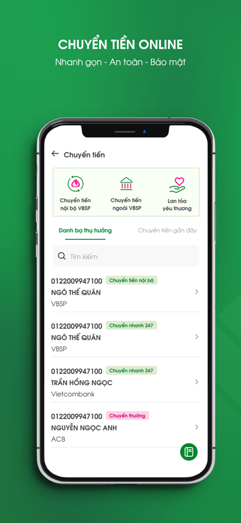 Interface do aplicativo VBSP SmartBanking exibindo o recurso de transferência de dinheiro online com uma lista de destinatários salvos e opções de transferência
