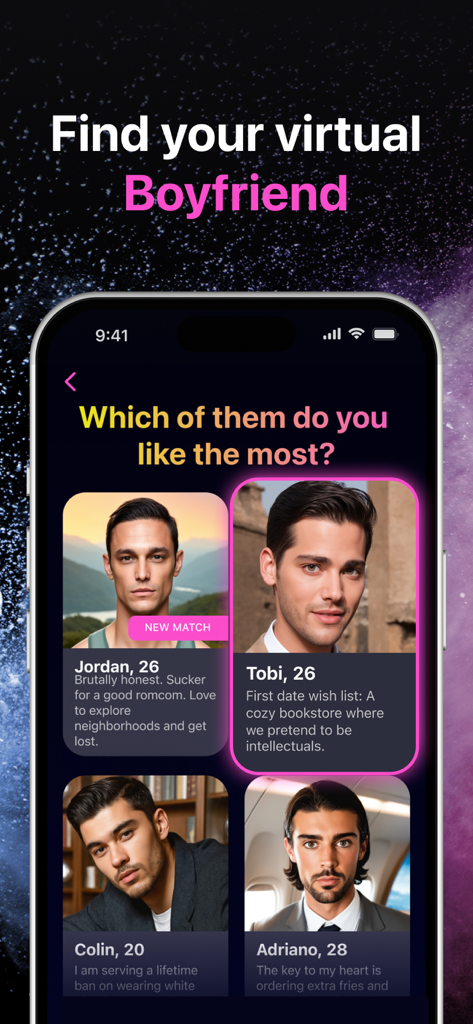 A screen from the Ai Girl app showing four different virtual boyfriend profiles with photos and short bios for selection.