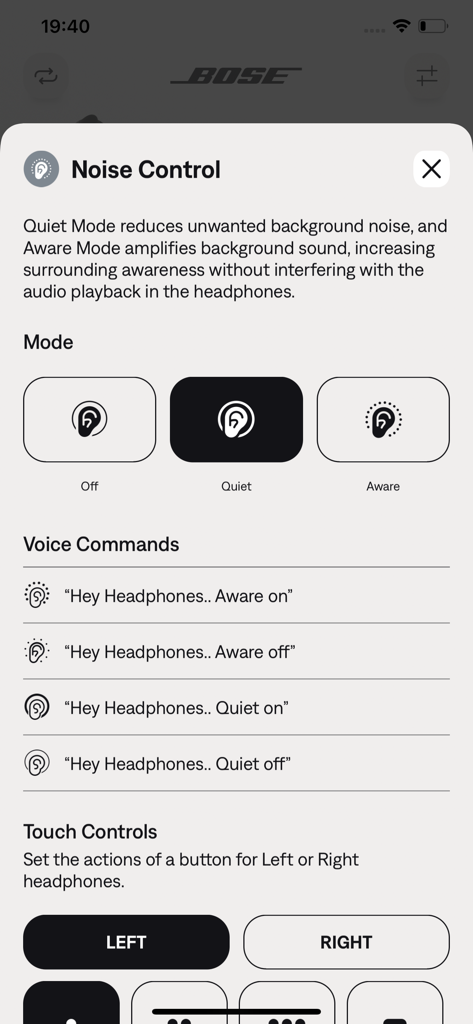Bose QC Earbuds - Interface de configurações de controle de ruído no aplicativo Bose QC Earbuds com opções de Modo Silencioso e Ambiente.