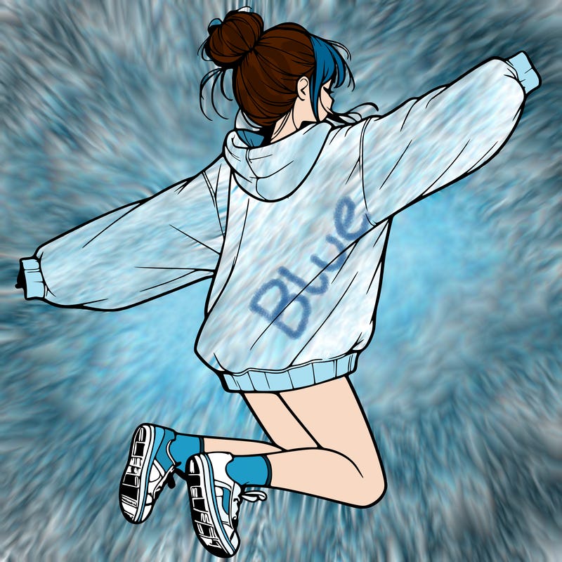 realistic girl jumping with a bun and oversized sweatshirt