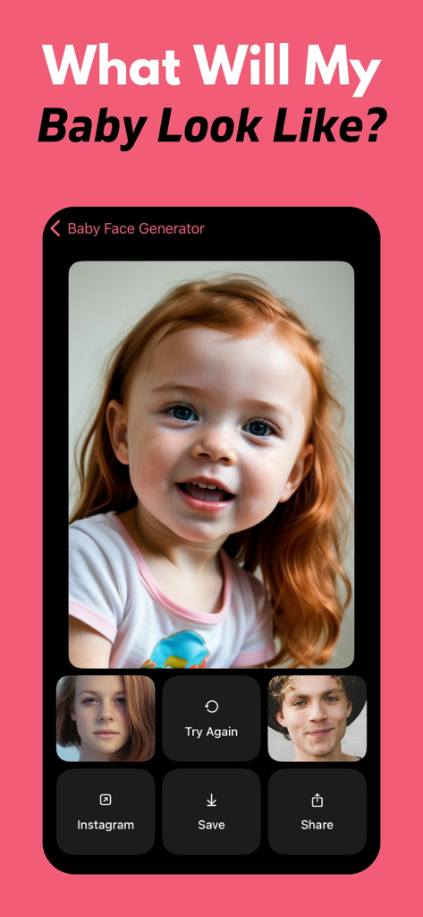 Résultat de visage de bébé généré par IA à partir de deux photos de parents dans l'application Générateur de Visage de Bébé