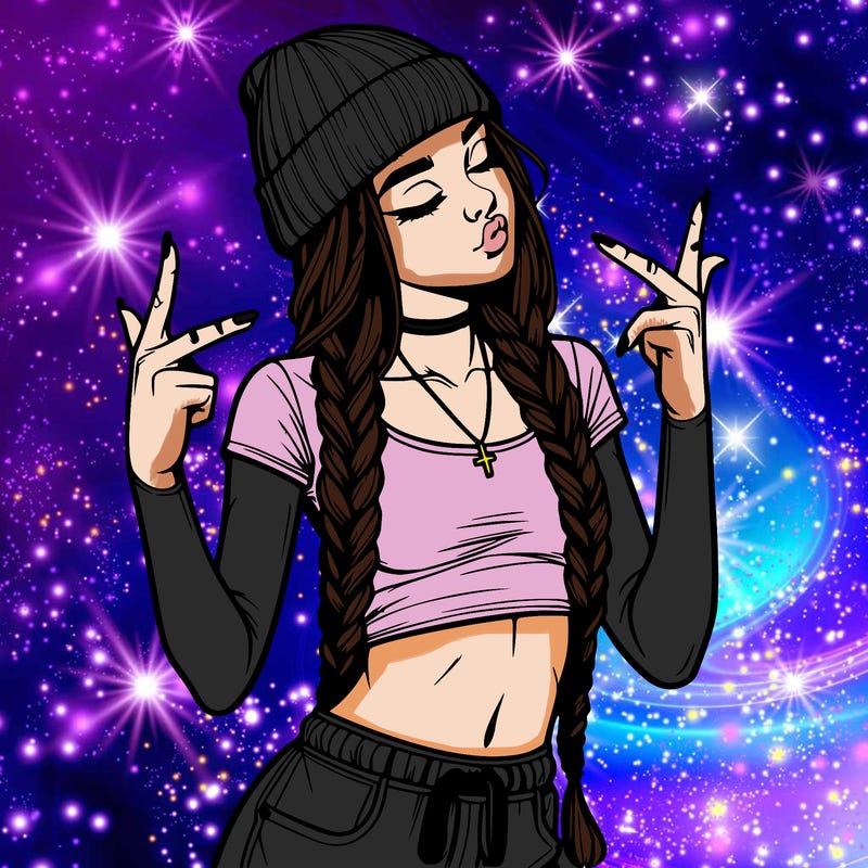 realistic teenage girl with braids and a beanie and crop top doing 🫶🏼