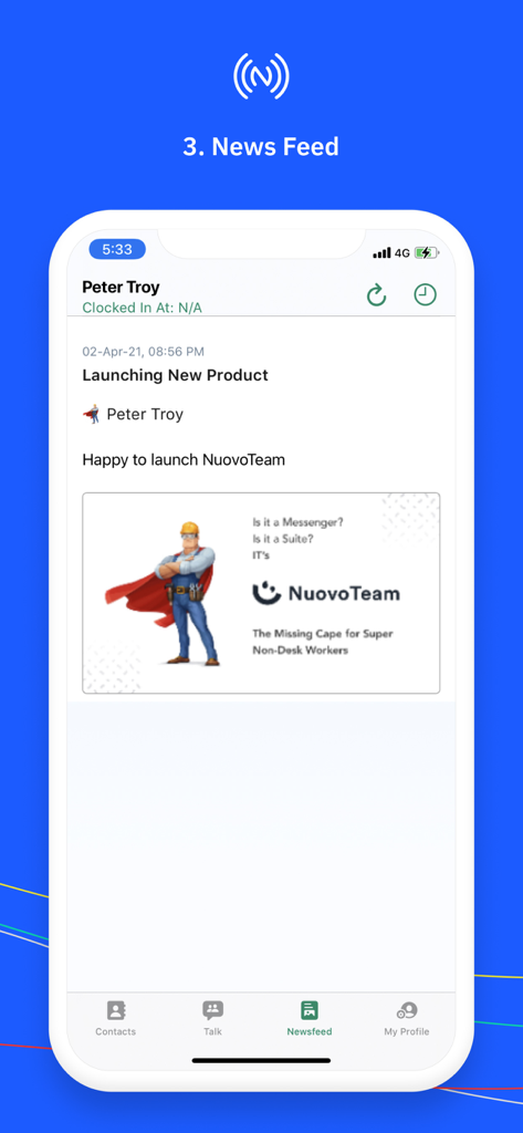 NuovoTeam mobile app interface displaying the company news feed with a new product launch announcement