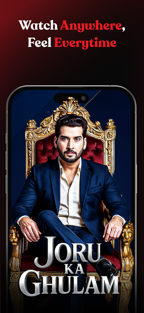 A man in a navy suit sitting on a golden throne in a promotional poster for the series Joru Ka Ghulam on Kuku TV.
