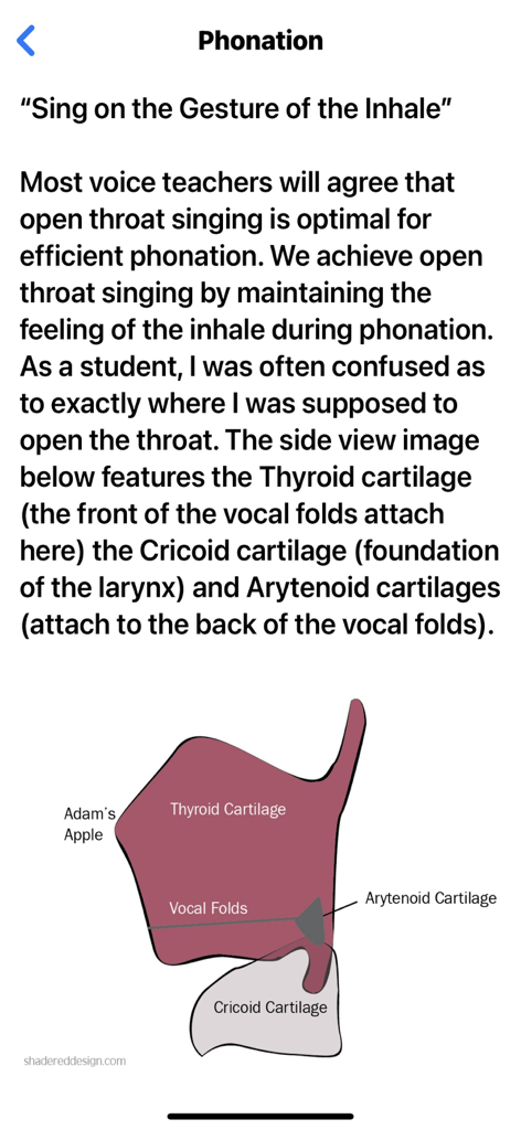 Vocal Tech - Anatomical diagram of the larynx and vocal folds with educational text about phonation and singing techniques.