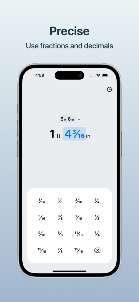 Foots: Feet-Inches Calculator - Interfaccia di un'app mobile minimalista per il calcolo di piedi e pollici con selettore di frazioni di precisione