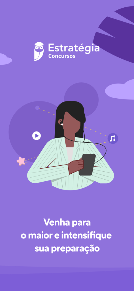 Estratégia Concursos - Estrategia Concursos app welcome screen featuring an illustration of a person studying on their phone with audio and video icons.