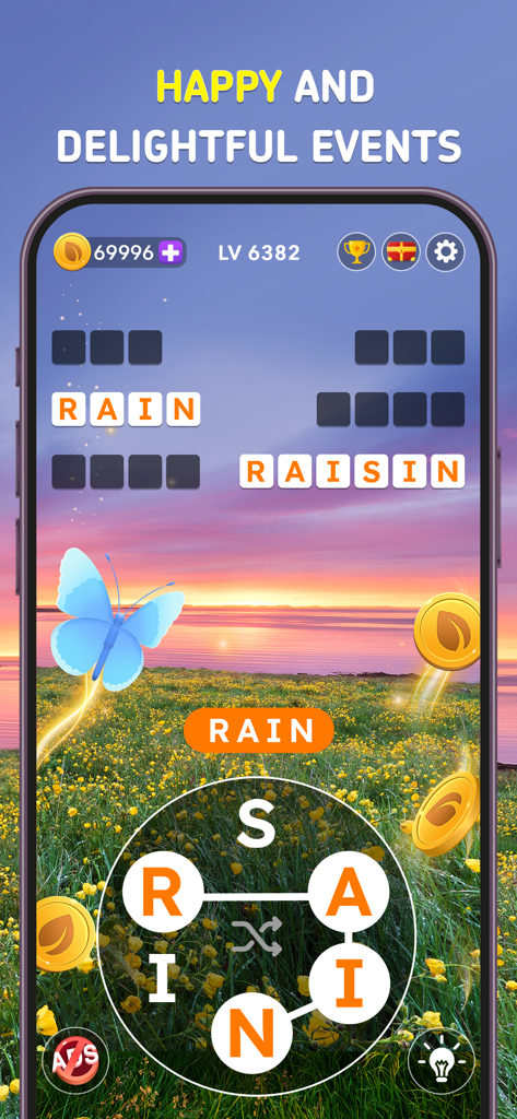 Word Tour: Trip Puzzle Game - A word connect puzzle game screenshot featuring a sunset nature background with a blue butterfly and the word RAIN being formed