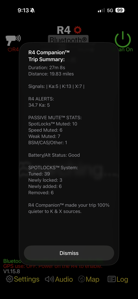 A trip summary report in the R4 Companion app displaying driving distance and radar alert data