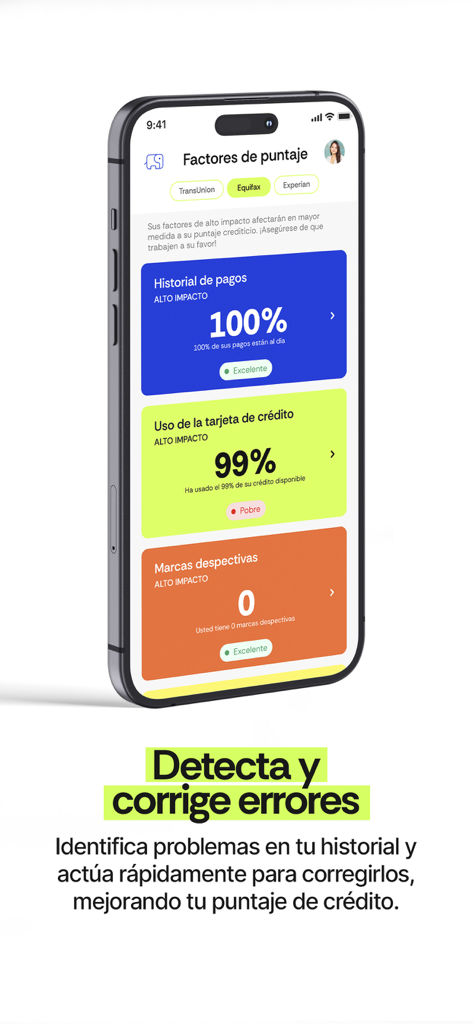 Dumbo Credit - Smartphone showing the Dumbo Credit app screen with credit score factors in Spanish