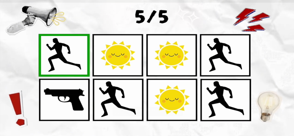 Say the Word on the Beat Game - Rhythm based word game interface with icons of a runner sun and gun on a white background