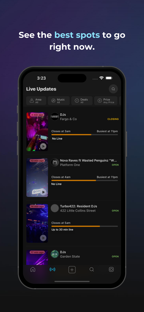 LINES Your Go-To For Going Out - Screenshot of the LINES app showing live video updates and real-time line wait times for bars and clubs.