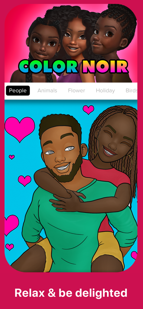Screenshot of the Color Noir app interface featuring an illustration of a Black couple and a category menu