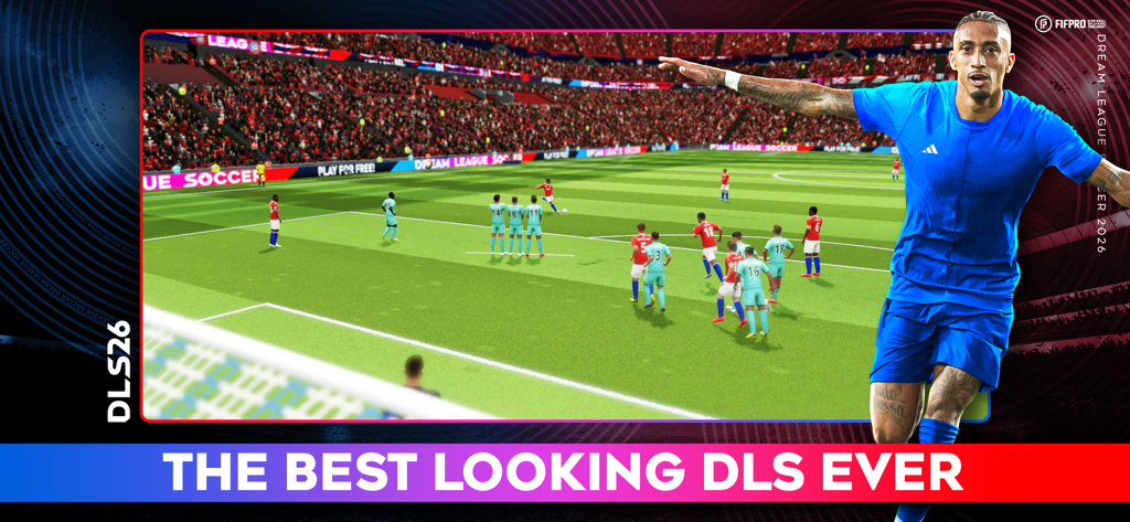 Gameplay of Dream League Soccer 2026 showing a match in a crowded stadium with player Raphinha