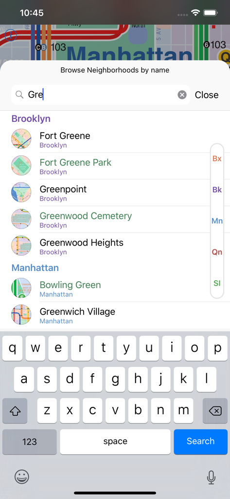 KickMap NYC+ - Searching for NYC neighborhoods by name in the KickMap subway app showing results for Brooklyn and Manhattan