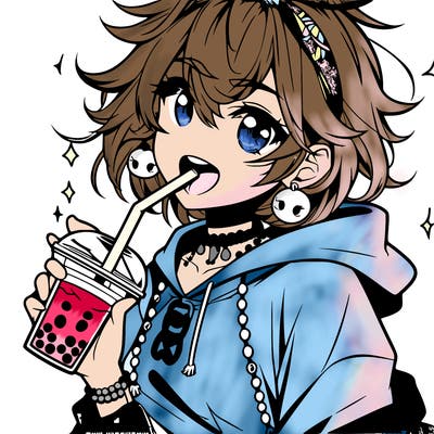 hot baddie anime girl drinking boba and biting the straw