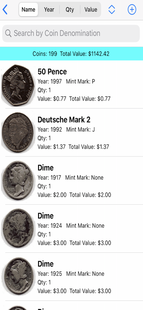 My Valuable Coin Collection - A mobile app screen showing a list of inventoried coins with images, denominations, years, and values.