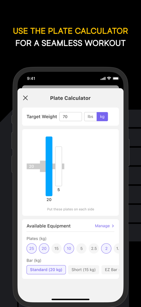 Interface of the Boostcamp app plate calculator showing how to load a barbell for a 70kg lift.